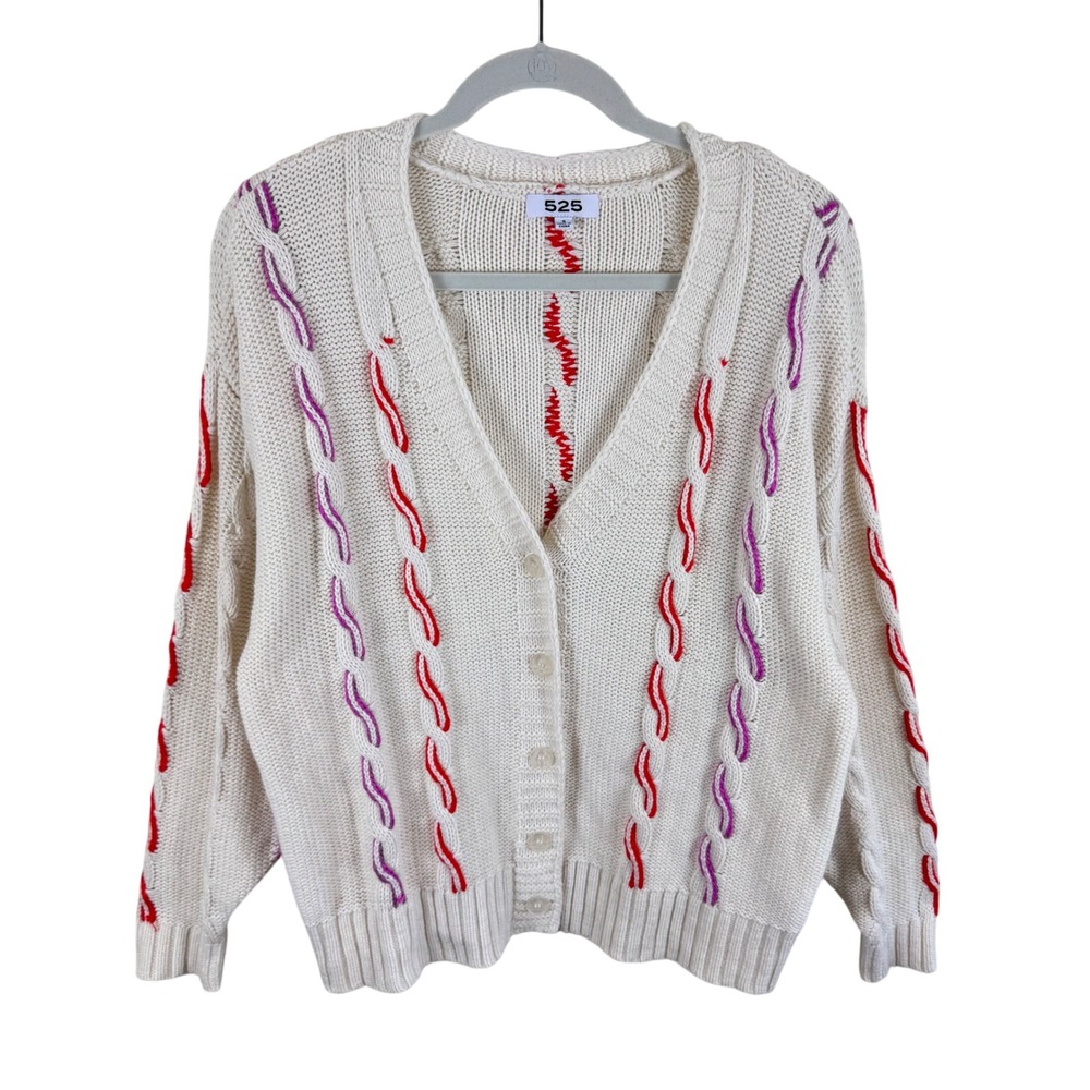 525 America Women Cream Cable Knit Cardigan Red Purple Contrast Stitch Small